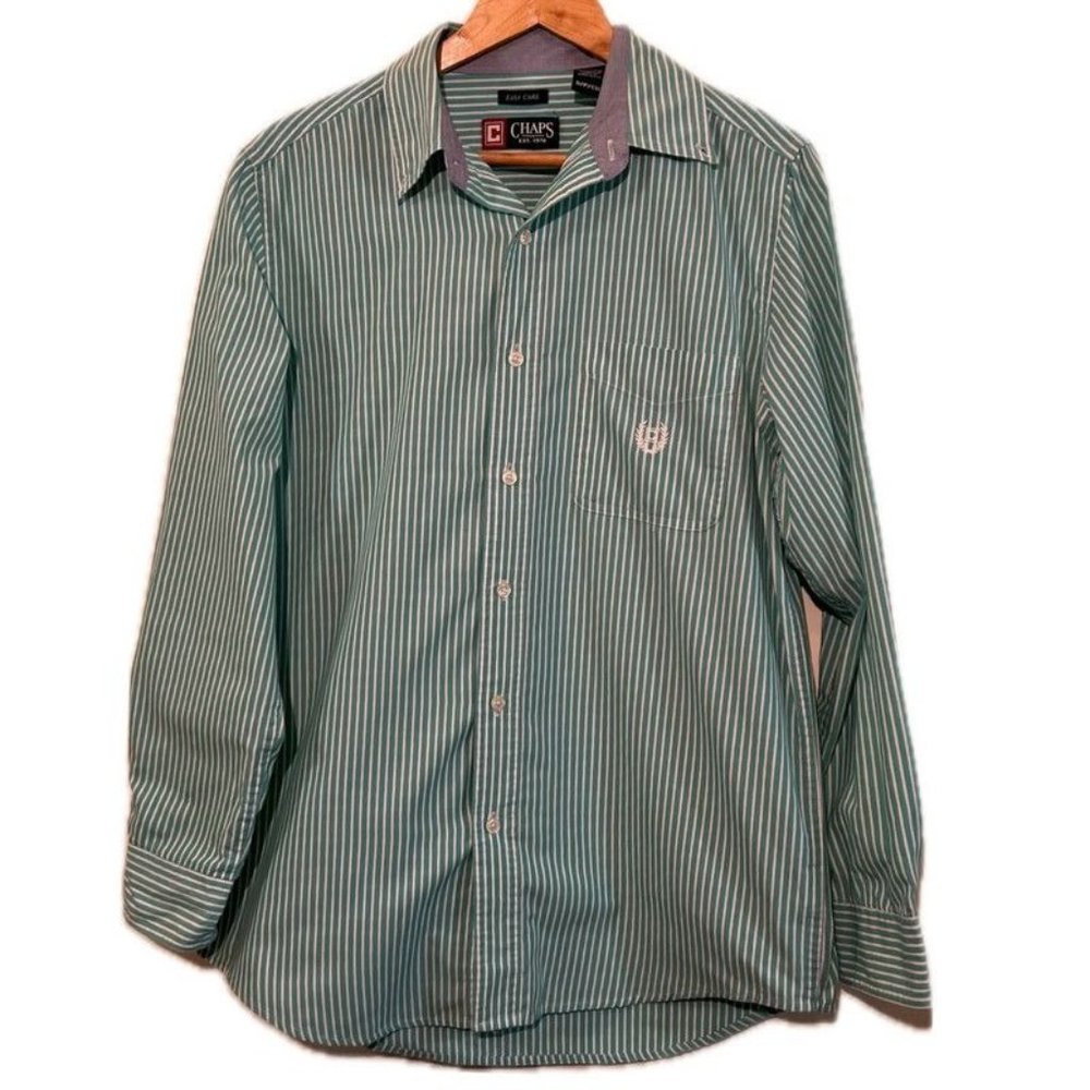 Chaps Mens Small Green White Stripe Button Down Shirt Easy Care Casual